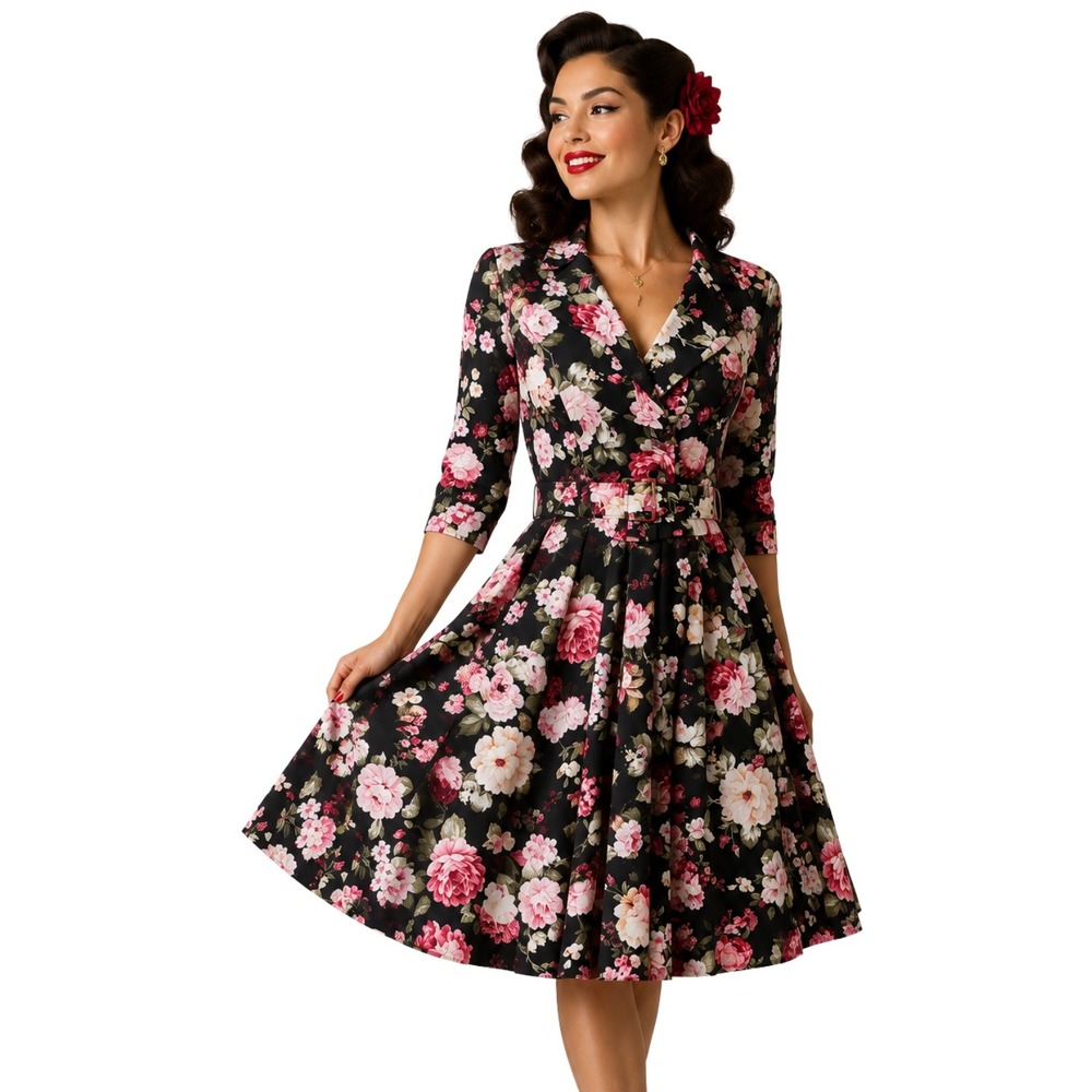 Hell Bunny Vixen Dress Small Black Pink Floral Swing Belted Rockabilly Pinup